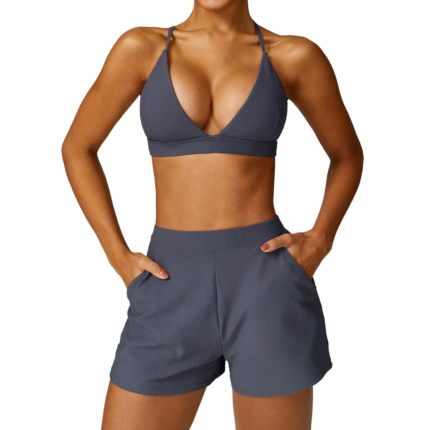 Women Compression High Neck Seamless Scrunch Back Yoga Shorts and Bra Set