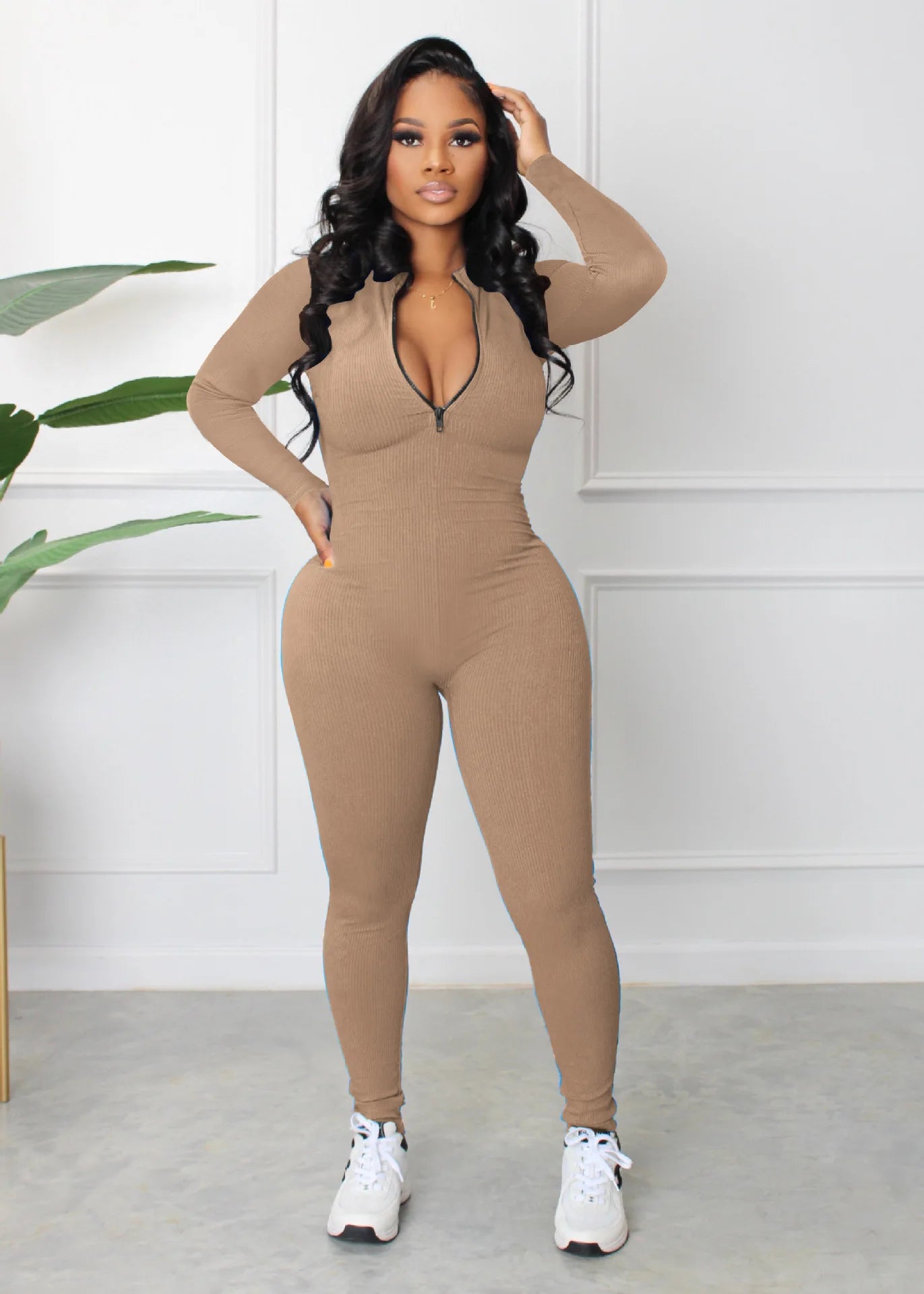 Office Lady Winter Jumpsuits  Ladies Zip Up Long Sleeve Jumpsuit