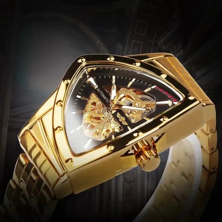 Skeleton Gold Watch Men Automatic Mechanical Wristwatch Stainless Steel Watch