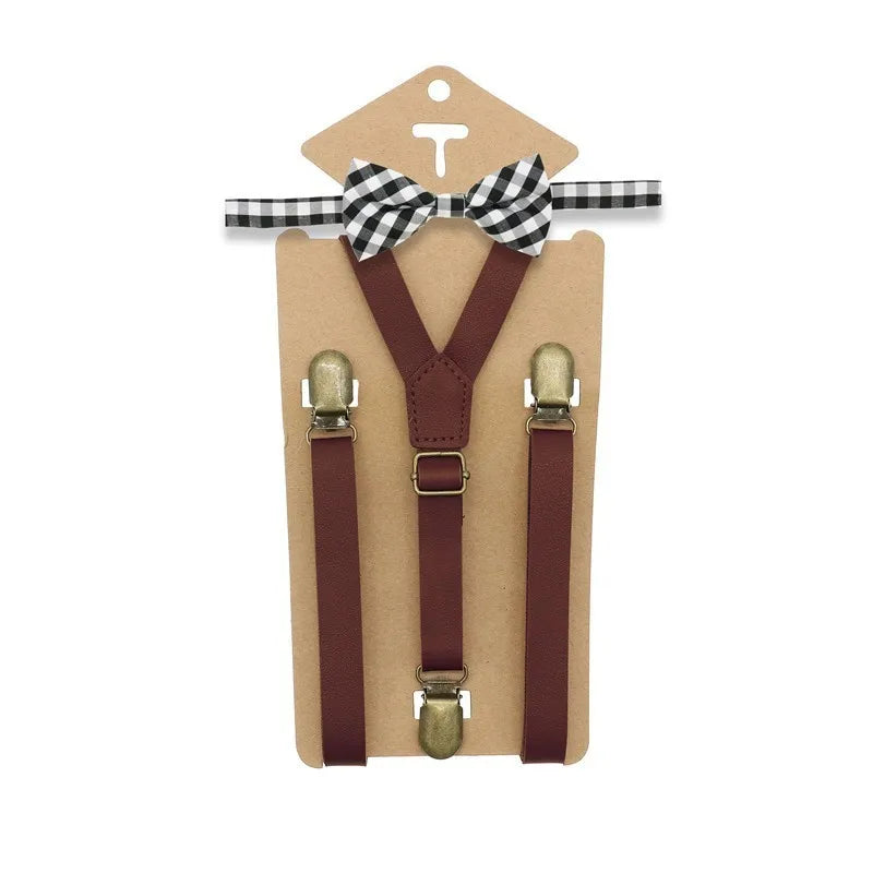 Y Back Kid Brown Tan Leather Suspender and Bow Tie Ring Bowtie Set