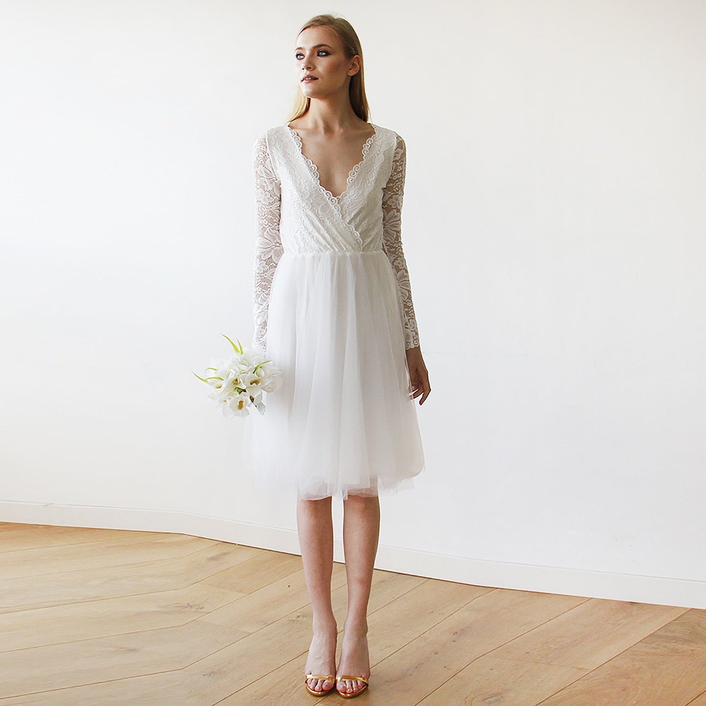 Short Wedding Dress ,Ivory Tulle & Lace Midi  Dress