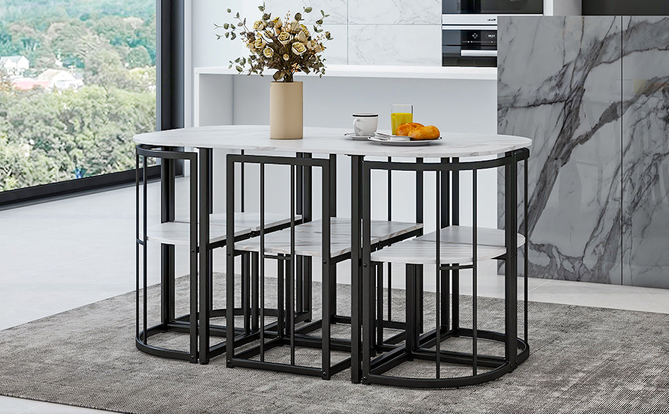 Modern 7-Piece Dining Table Set With Faux Marble Compact