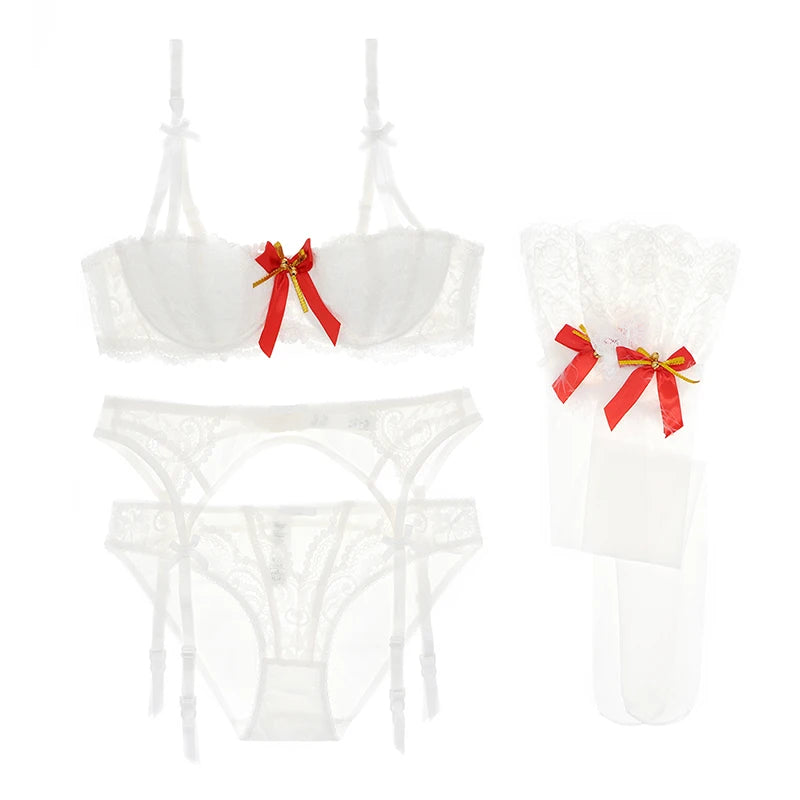 Sexy Underwear Push Up Bra Set 4 Pcs Bras+panties+garters+stockings