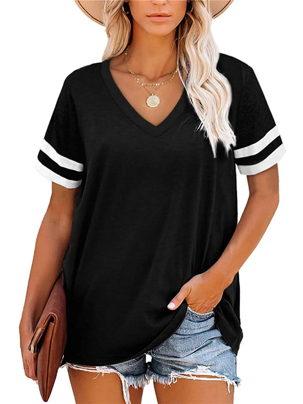 V-Neck Short Sleeve Blank Tshirts Top for Women Elegant Solid Cotton