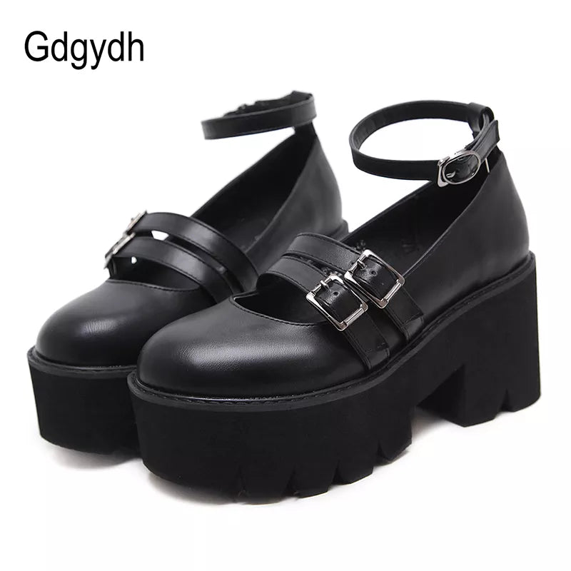 Womens Pump Gothic Shoes Ankle Strap High Chunky Heels