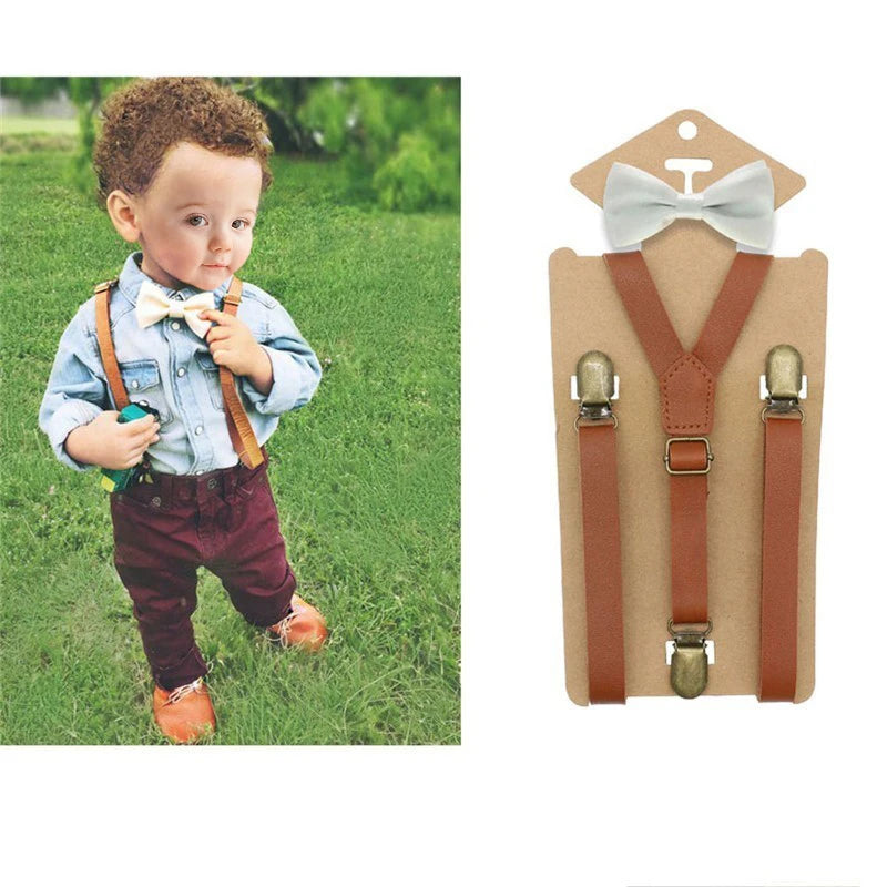 Y Back Kid Brown Tan Leather Suspender and Bow Tie Ring Bowtie Set