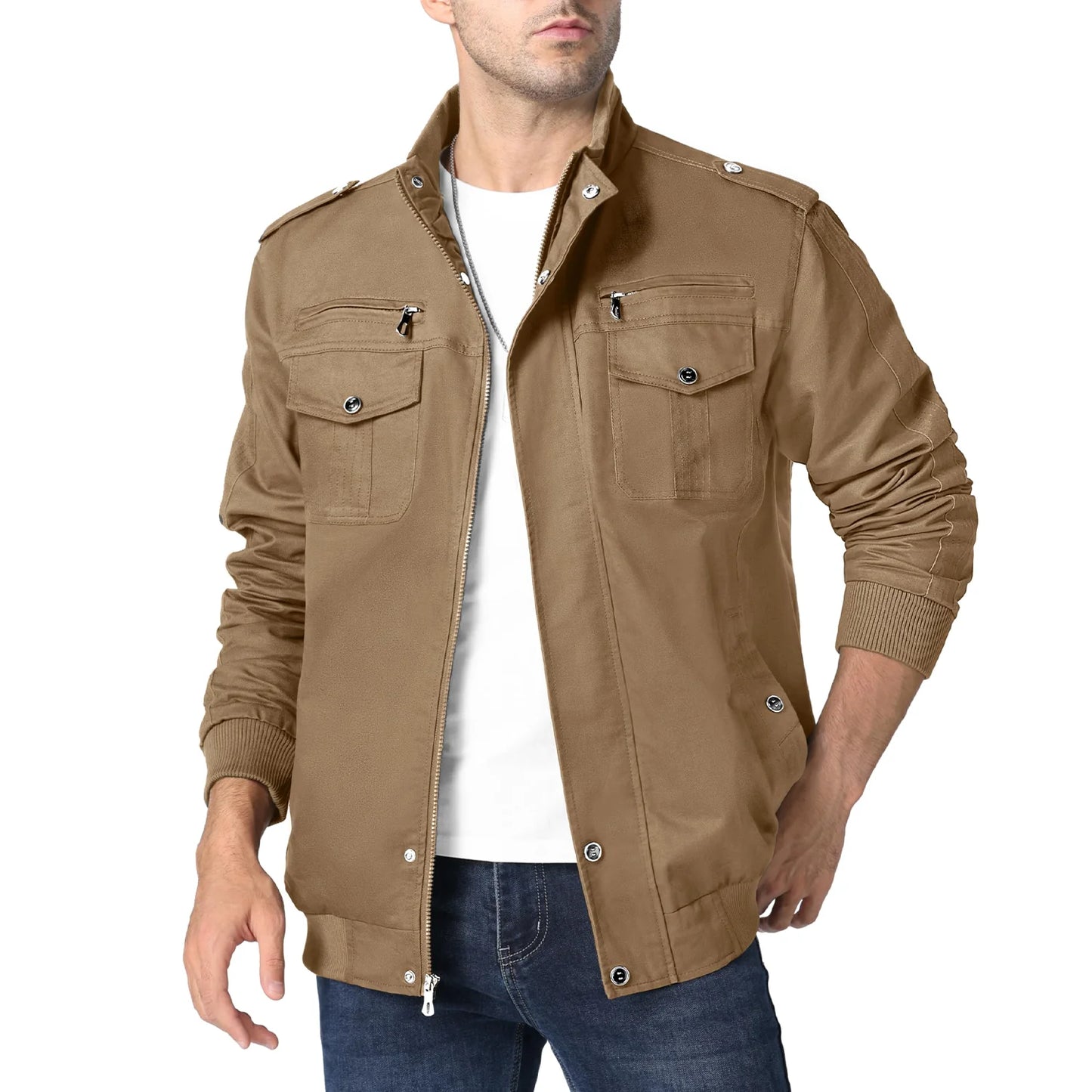 TACVASEN Pilot Bomber Jacket Coats Mens Cotton Cargo Jackets With Zipper Pockets