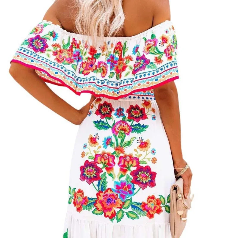 Summer Floral Print Off Shoulder Women Mexican Dress