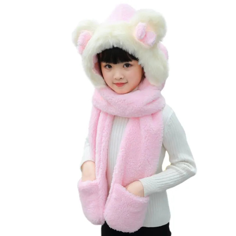 Warm Plush Winter Hat Cute Bowknot Bear Ears Scarf Gloves Hoodie Cap