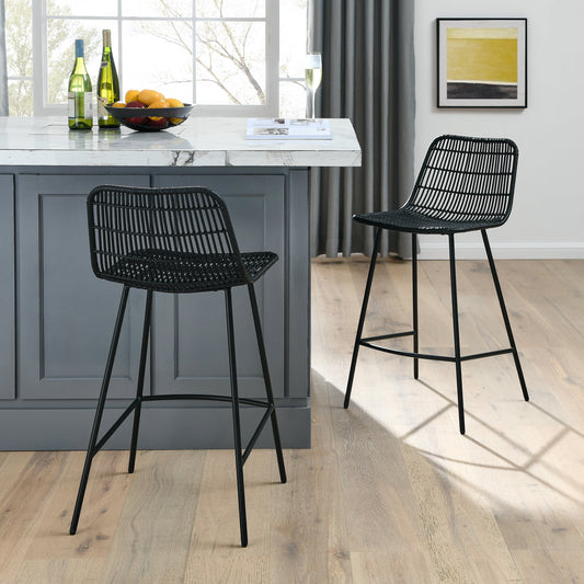 Set of 2, Natural Rattan Indoor Counter Chair , Black Finish Steel Legs