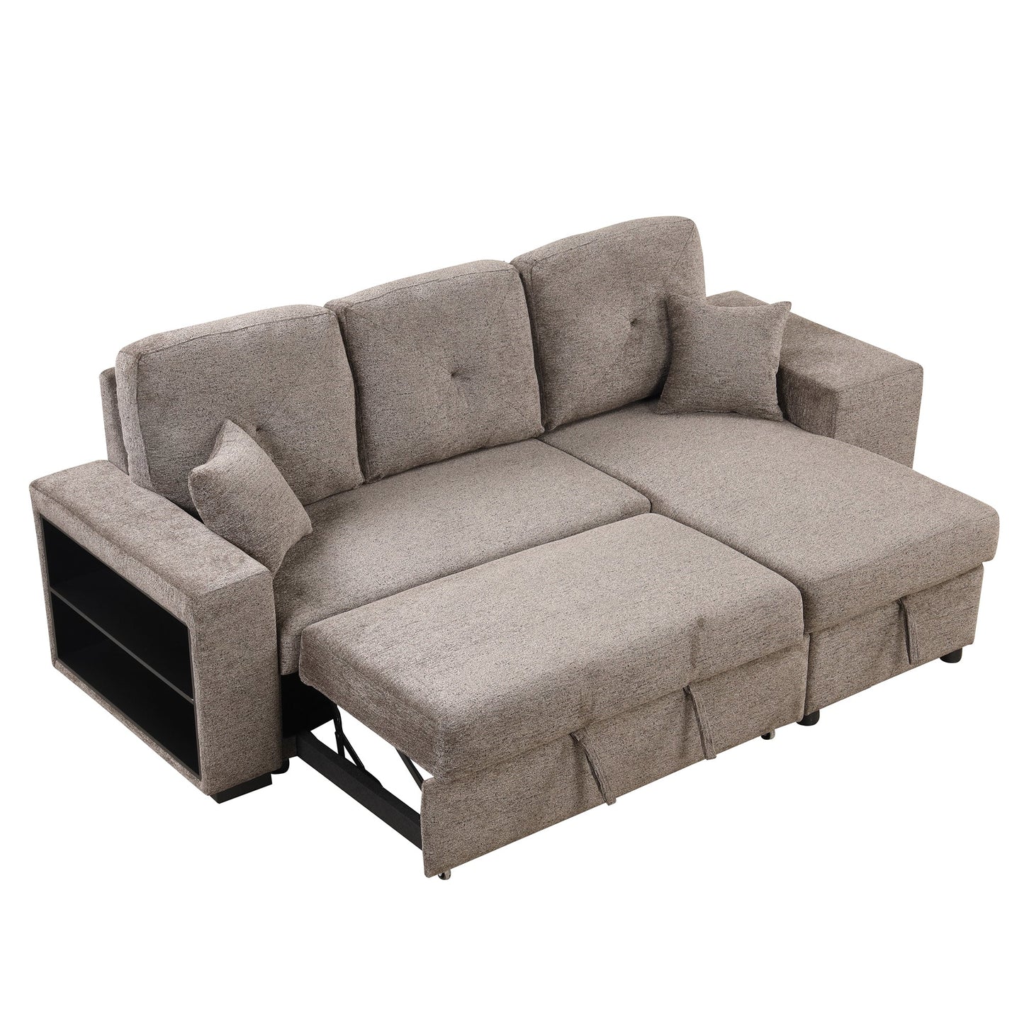 Reversible Sleeper Sectional Sofa Bed With Side Shelf and 2 Stools