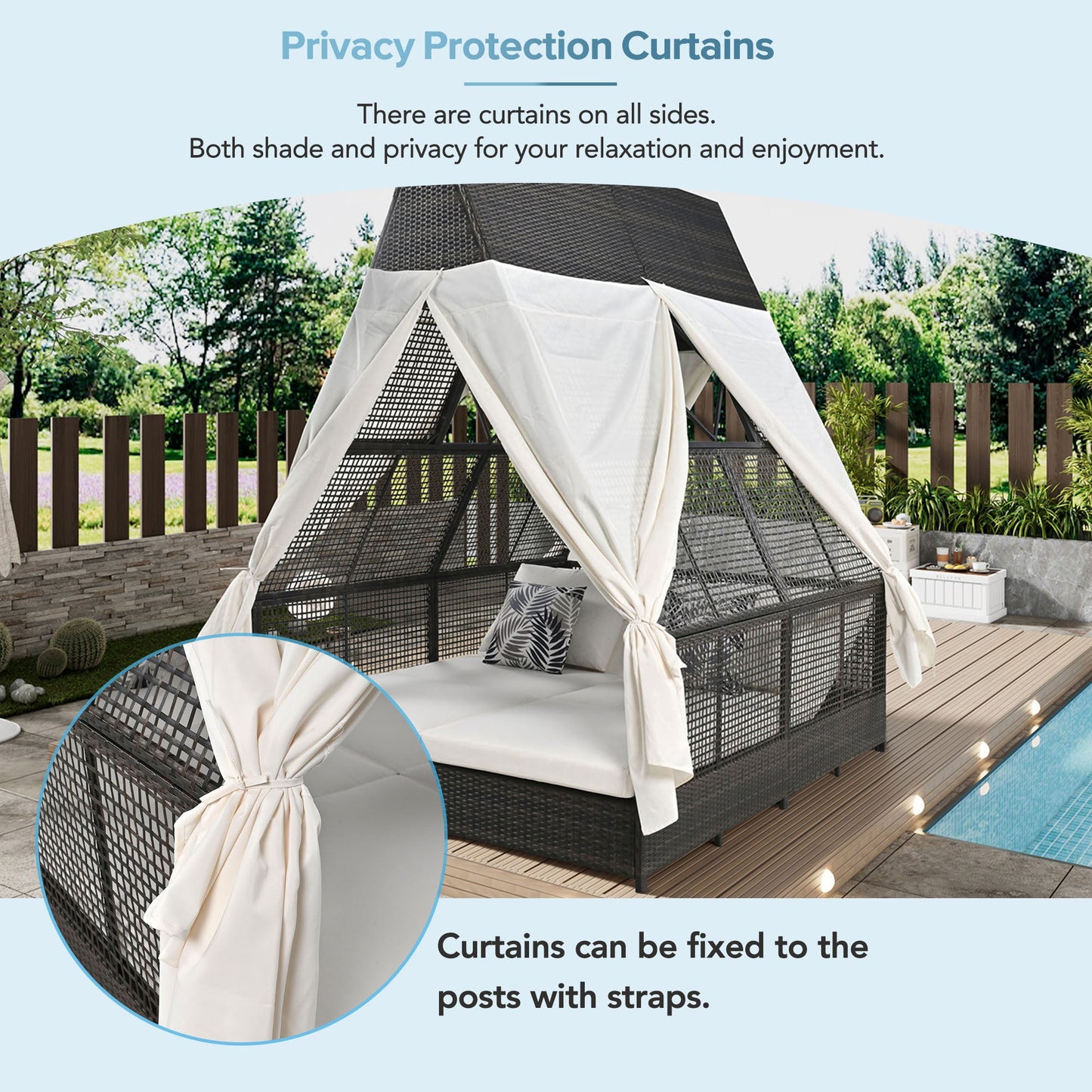 Outdoor Daybed Patio Lounge Bed With Adjustable Backrest Curtains