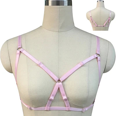 Original Design Pink Collar Bow Harness Bra Kawaii Open Chest Bondage Body Cage