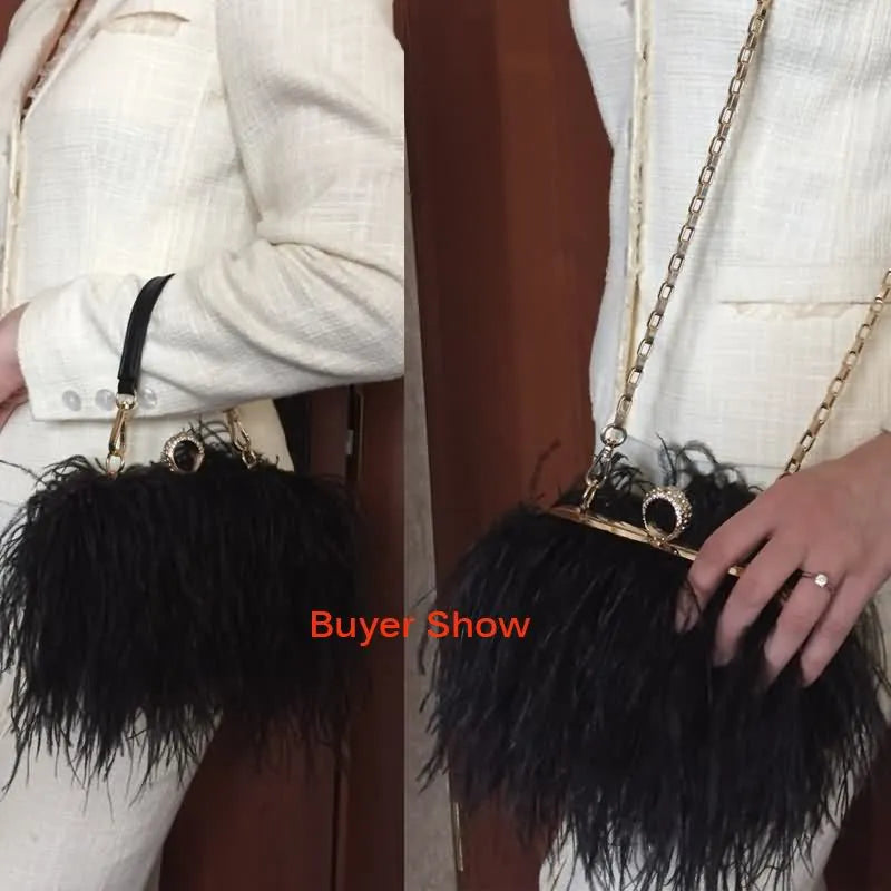 Ostrich Fur Feather Wallet Clutch Bag  Evening Bag Chain Purse