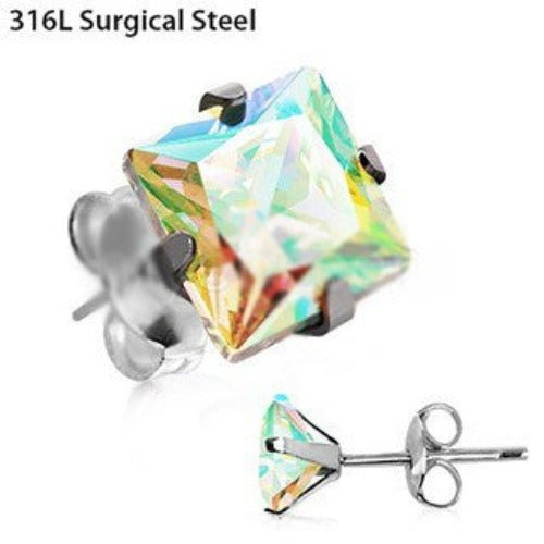 Pair of 316L Stainless Steel Aurora Borealis Princess Cut CZ Stud Earrings