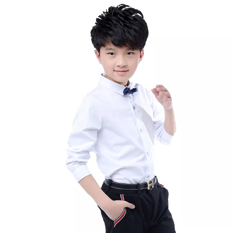 New Children Boys Shirts Cotton Solid Black&White Shirt With Tie