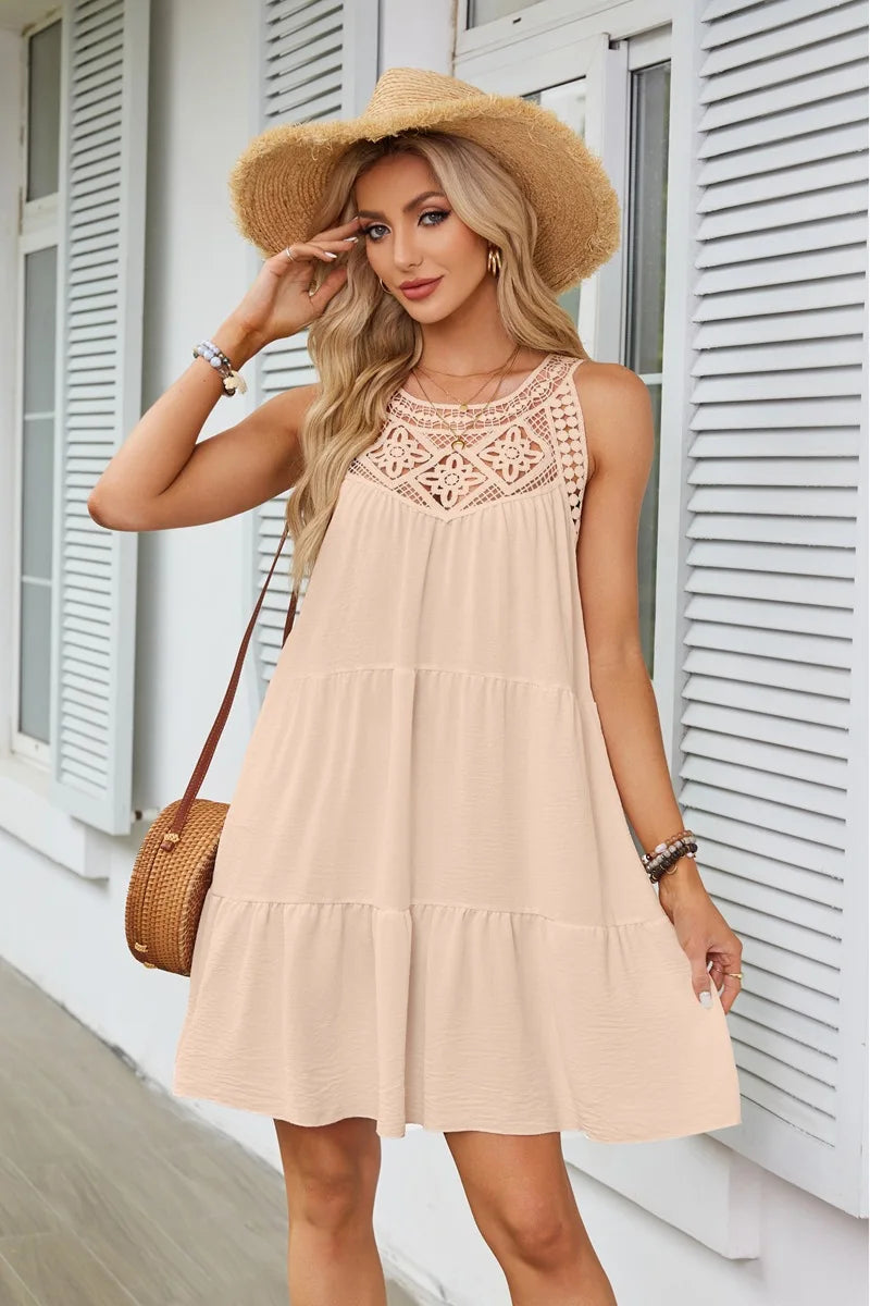 Women's Dresses Hollow Lace Stitching Halter Neck A-Word Dress Casual Dresses