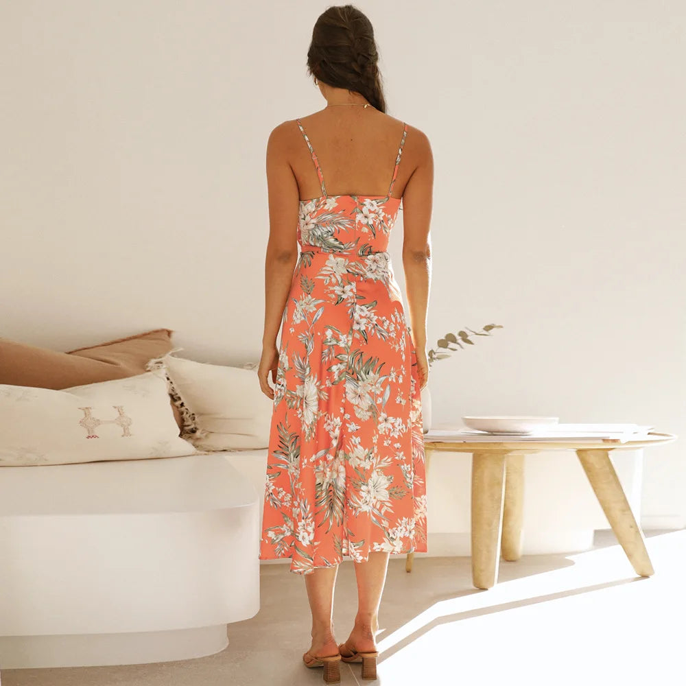 Sexy Slit Printed Beach Dress Summer Strap Sundress Floral Dress