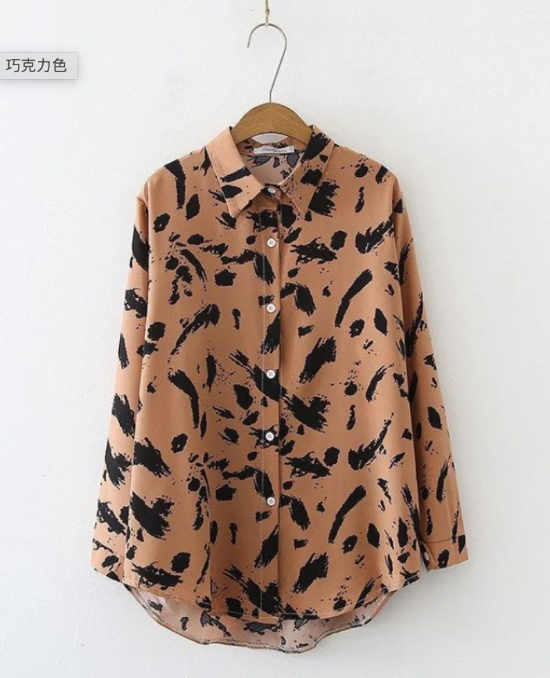 Women Vintage Printed Long Sleeve Buttons Blouse Casual Shirt