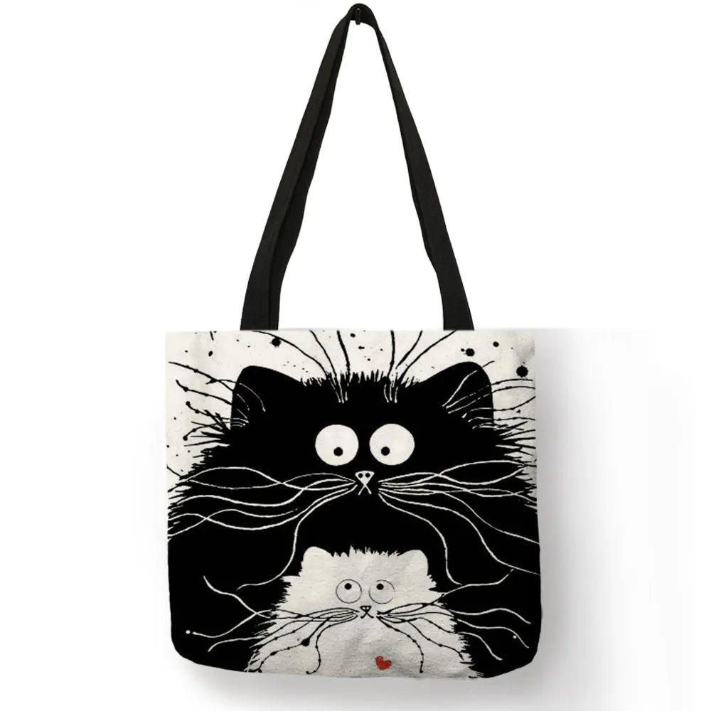 Tote Shopping Bag Cute Cat Printing Women Handbag Linen Totes