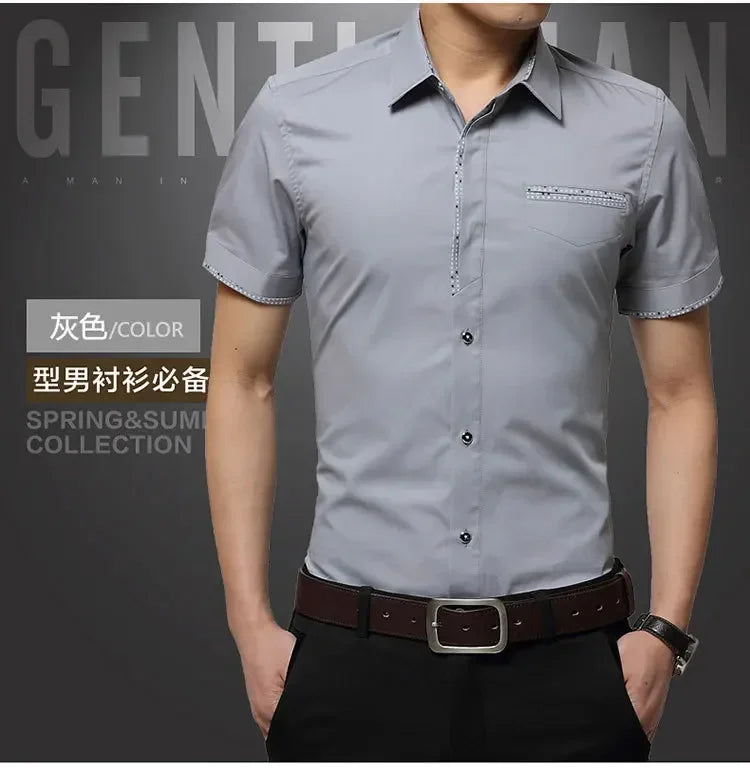 Summer Men Cotton Short Sleeves Dress Shirt Turn-Down Collar Cardigan