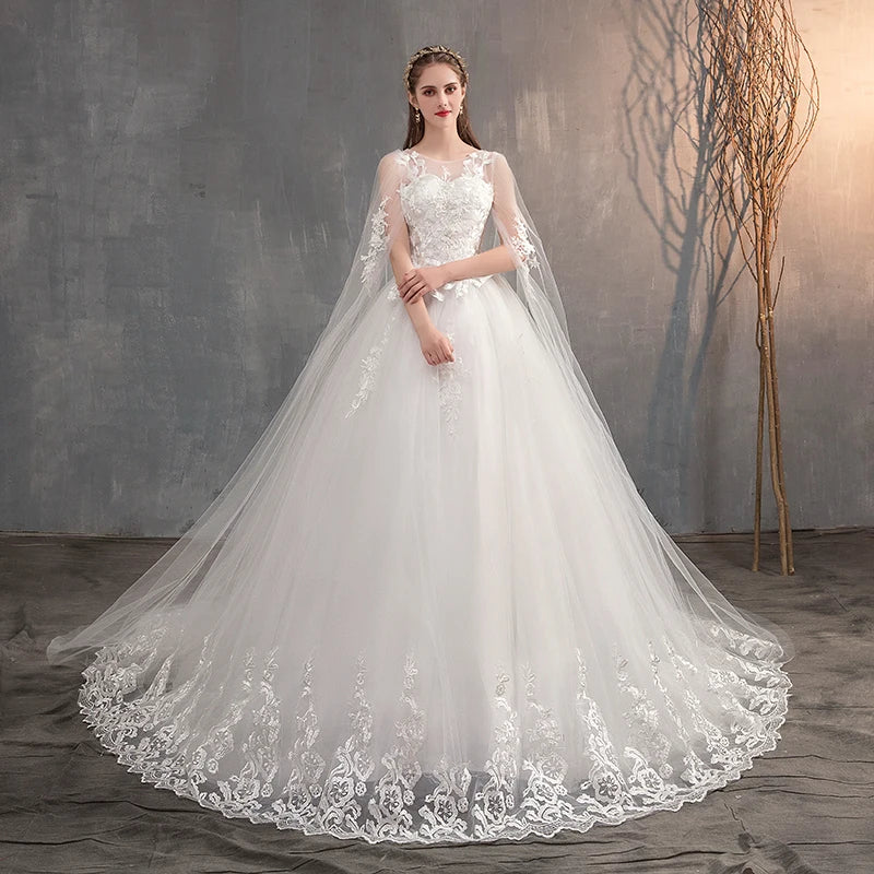 Wedding Dress With Long Cap Lace Wedding Gown With Long Train Embroidery