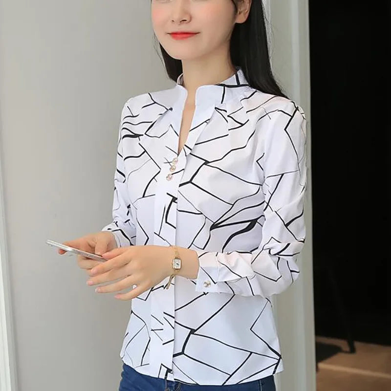 Spring Women White Blouses Fashion Stripe Print Casual Long Sleeve