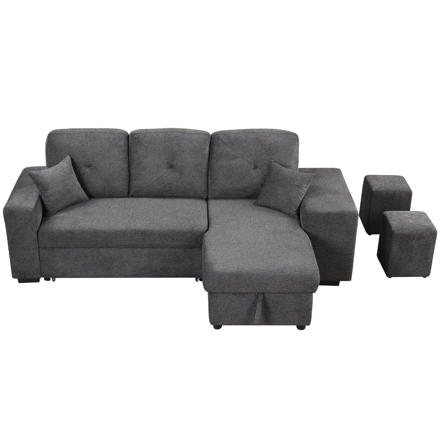 Reversible Sleeper Sectional Sofa Bed With Side Shelf and 2 Stools