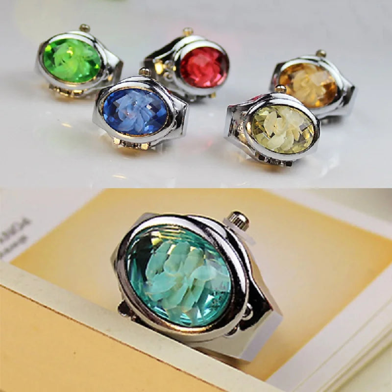 Women Ring Elliptical Stereo Flower Clamshell Adjustable Rings Quartz Watches