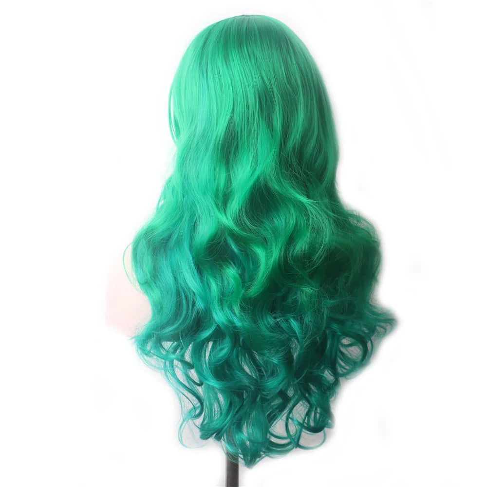 WoodFestival Green Synthetic Long Hair Wavy Wig With Bangs