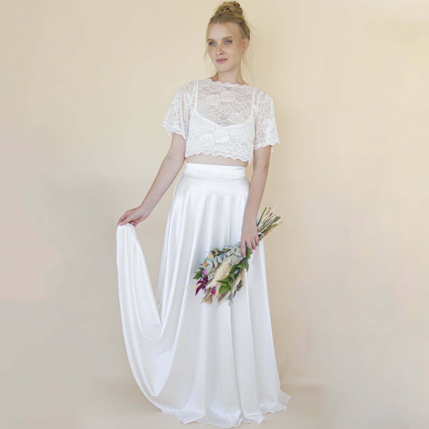 Wedding Dress Separates, Silky Wedding Maxi Skirt and Lace Cropped Top #1353