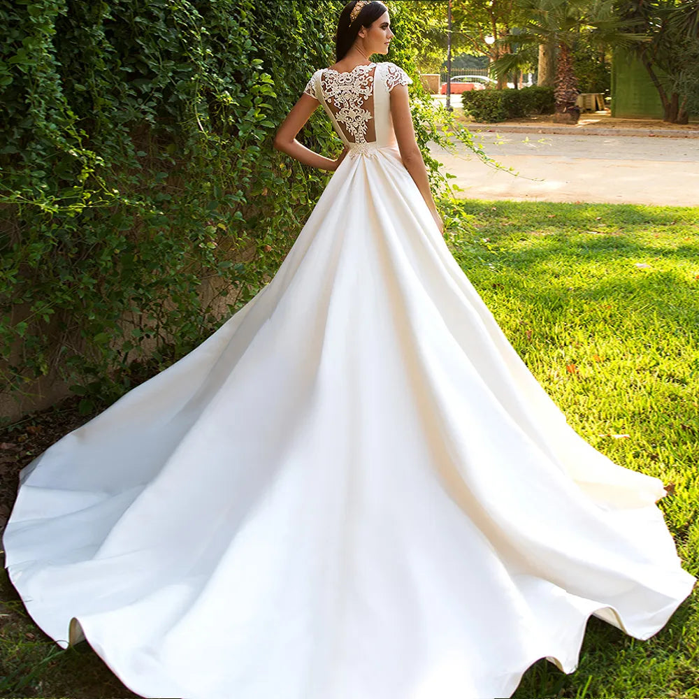 Short Sleeve Bridal Dresses Satin Wedding Gowns Vestidos De Boda