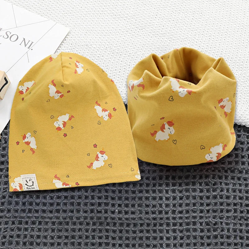 New Spring Autumn Girls Hat Scarf Set Cartoon Owl Star Swan Baby  Kids Hat Set