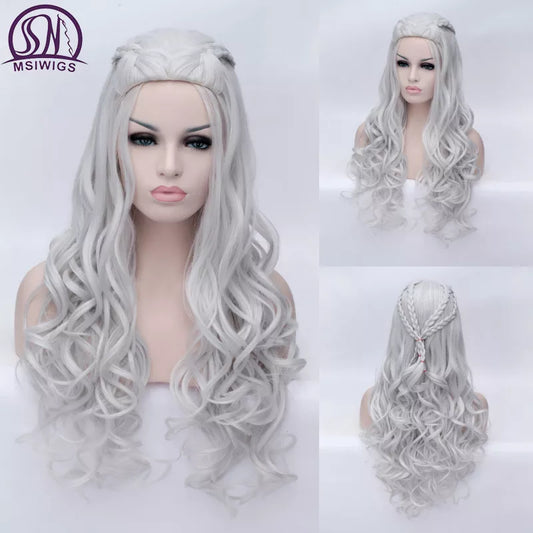 Synthetic Long Silver White Braided Curly Wigs Heat Resistant