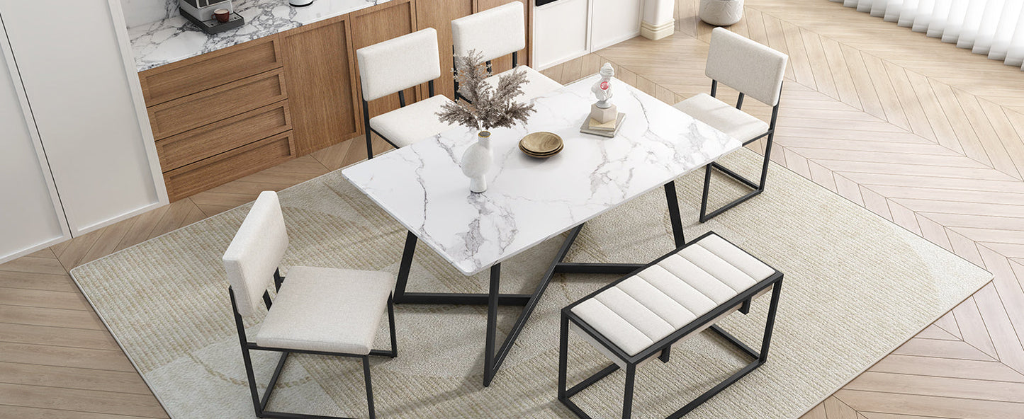 Modern Faux Marble 6-Piece Dining Table Set Dining Chairs and Bench