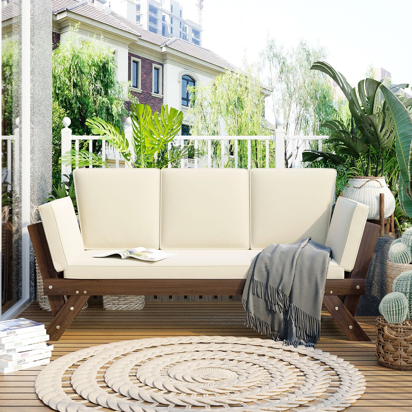 Outdoor Adjustable Patio Wooden Daybed Sofa Chaise Lounge With Cushions