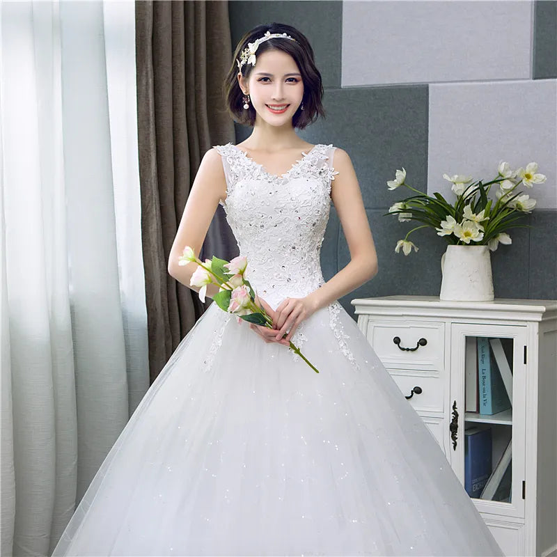 Style V-Neck Lace Tank Sleeveless Floral Print Ball Gown Ivory Wedding Dress