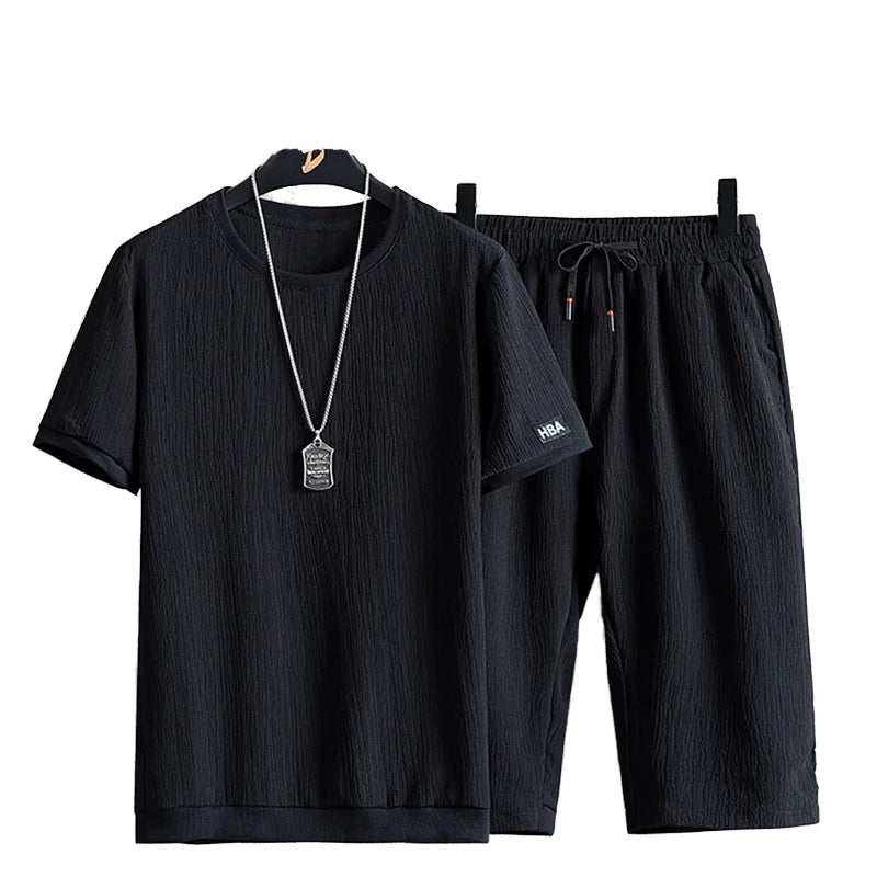 Men's Two Pieces Sets Solid Color Elastic Short Sleeve Loose Men's Oversize Sets