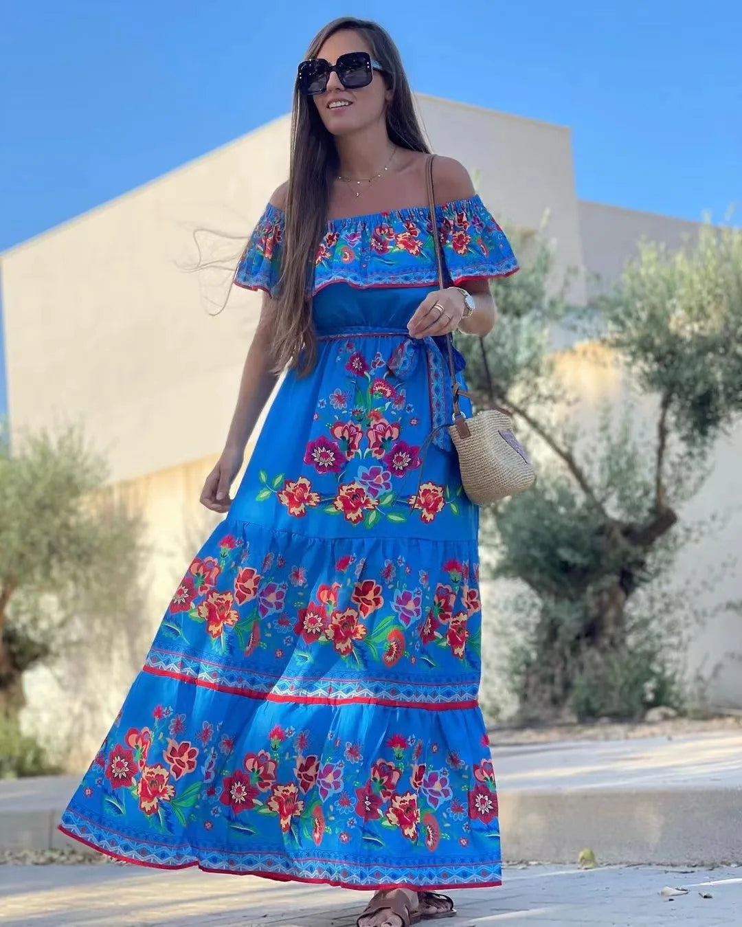 Summer Floral Print Off Shoulder Women Mexican Dress