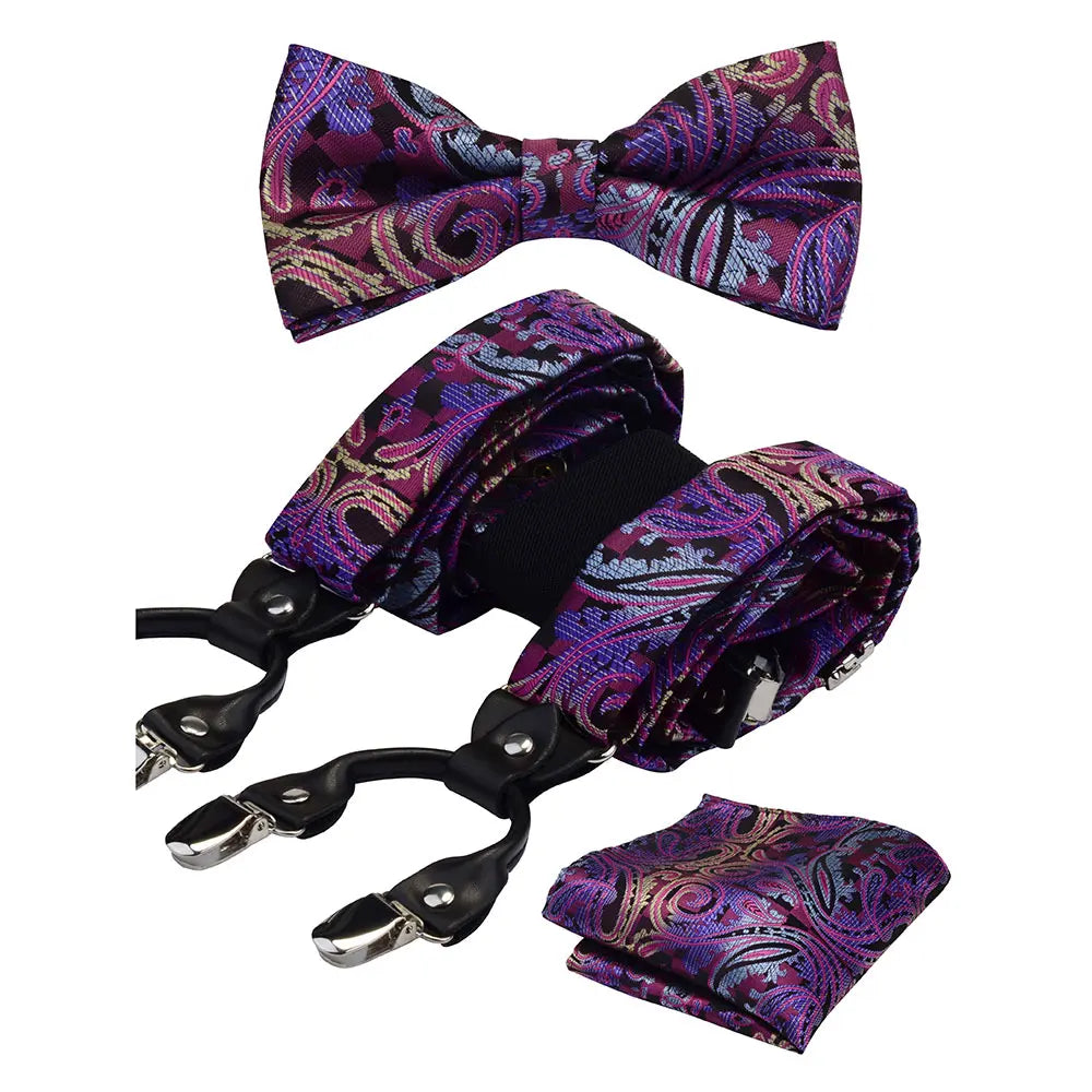 Y Shape Suspenders Bowtie and Pocket Square Set