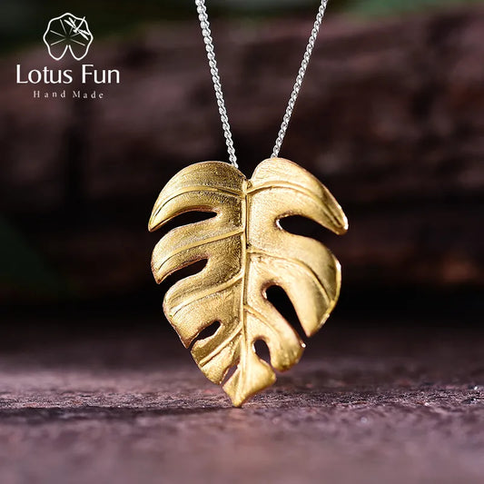 Silver Handmade Fine Jewelry 18K Gold Monstera Leaves Design Pendant