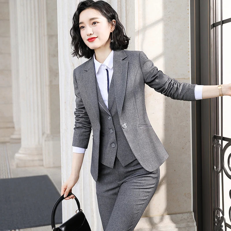 Wear Women OL Pant Suits Formal Female Blazer Jacket  Vest Trousers 3 Pieces