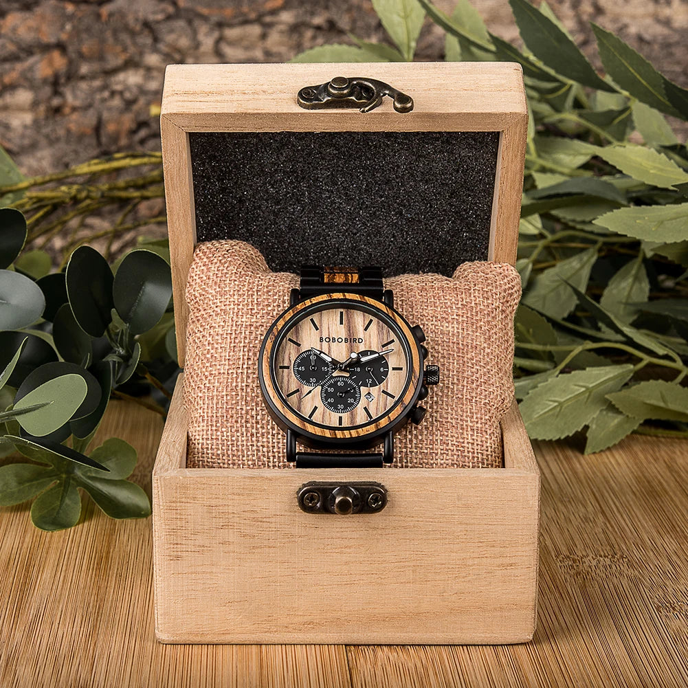 Wood and Stainless Steel Watches Luminous Hands Stop Clock