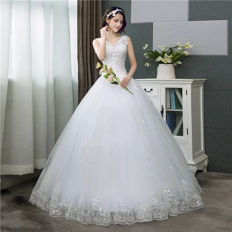 Style V-Neck Lace Tank Sleeveless Floral Print Ball Gown Ivory Wedding Dress