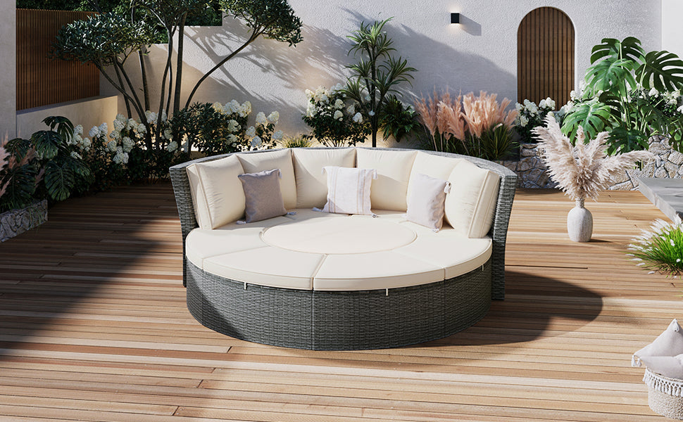 Patio 5-Piece Round Rattan Sectional Sofa Set All-Weather PE Wicker Sunbed