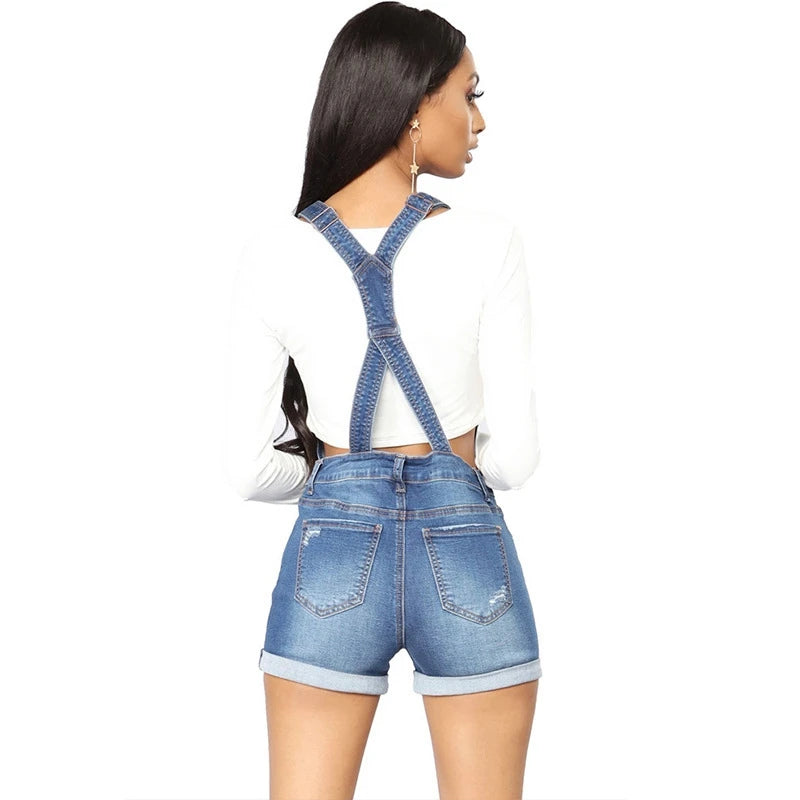 Short Denim Overalls Women Hole  Jumpsuit High Waist Casual Jeans