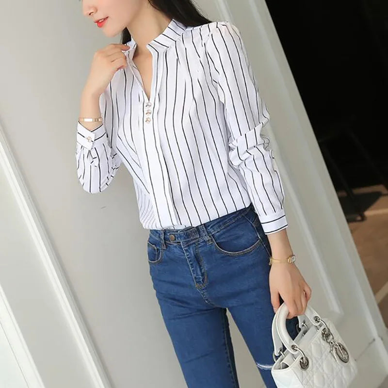 Spring Women White Blouses Fashion Stripe Print Casual Long Sleeve