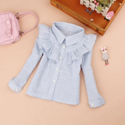 Teenage Girls Clothes Autumn Kids Blue Stripe Blouses Tops School Girl Blouse