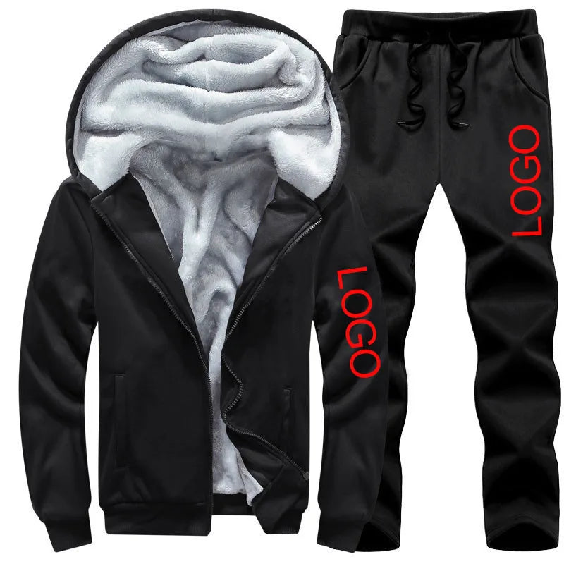 Sport Tracksuit Coat Hoodie and Jogger Pants Set Fleece Men 2 Pieces Set