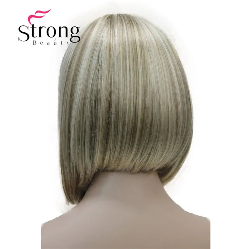 Short Straight Blonde Highlighted Bob With Bangs Synthetic Wig